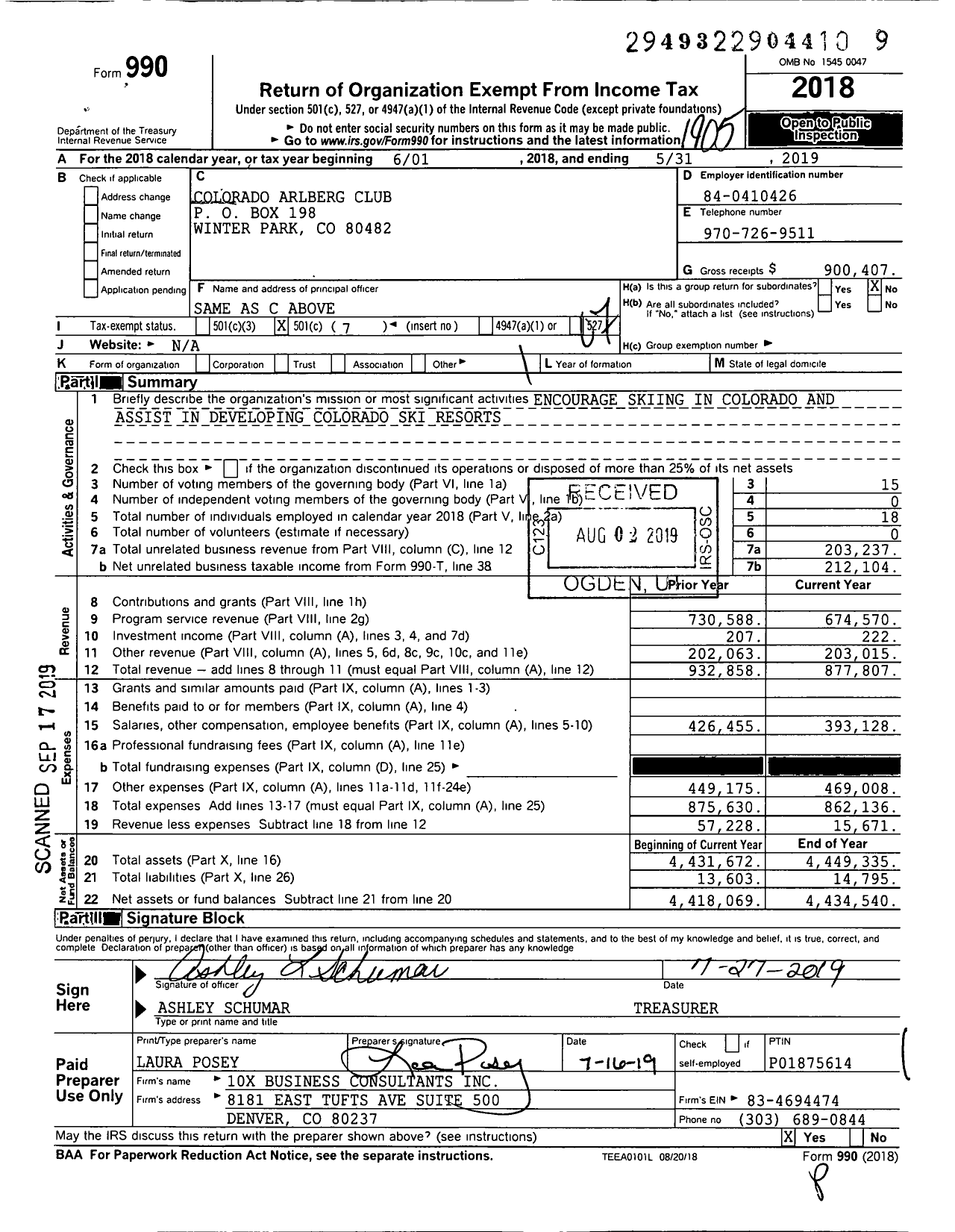 Image of first page of 2018 Form 990O for Colorado Arlberg Club