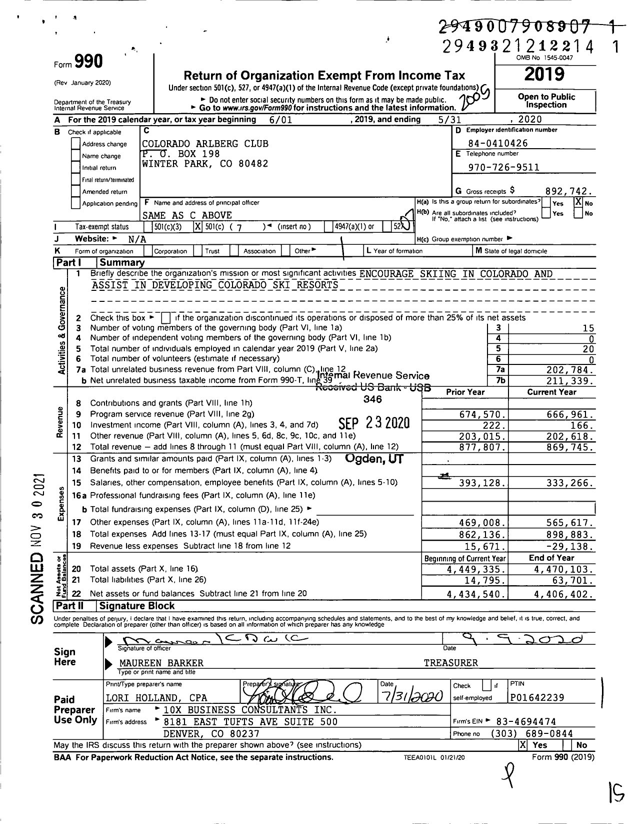 Image of first page of 2019 Form 990O for Colorado Arlberg Club