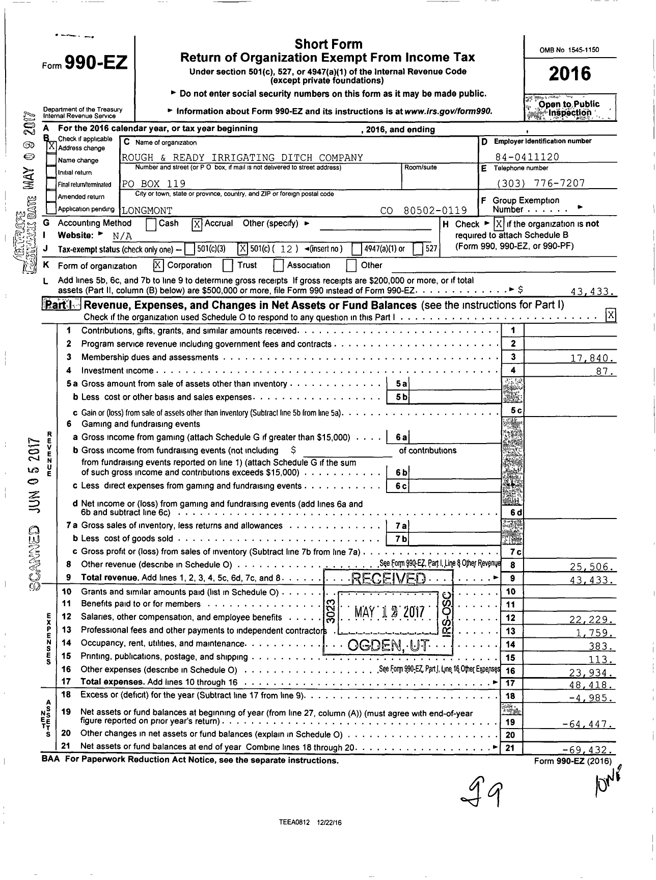 Image of first page of 2016 Form 990EO for Rough and Ready Irrigating Ditch Company