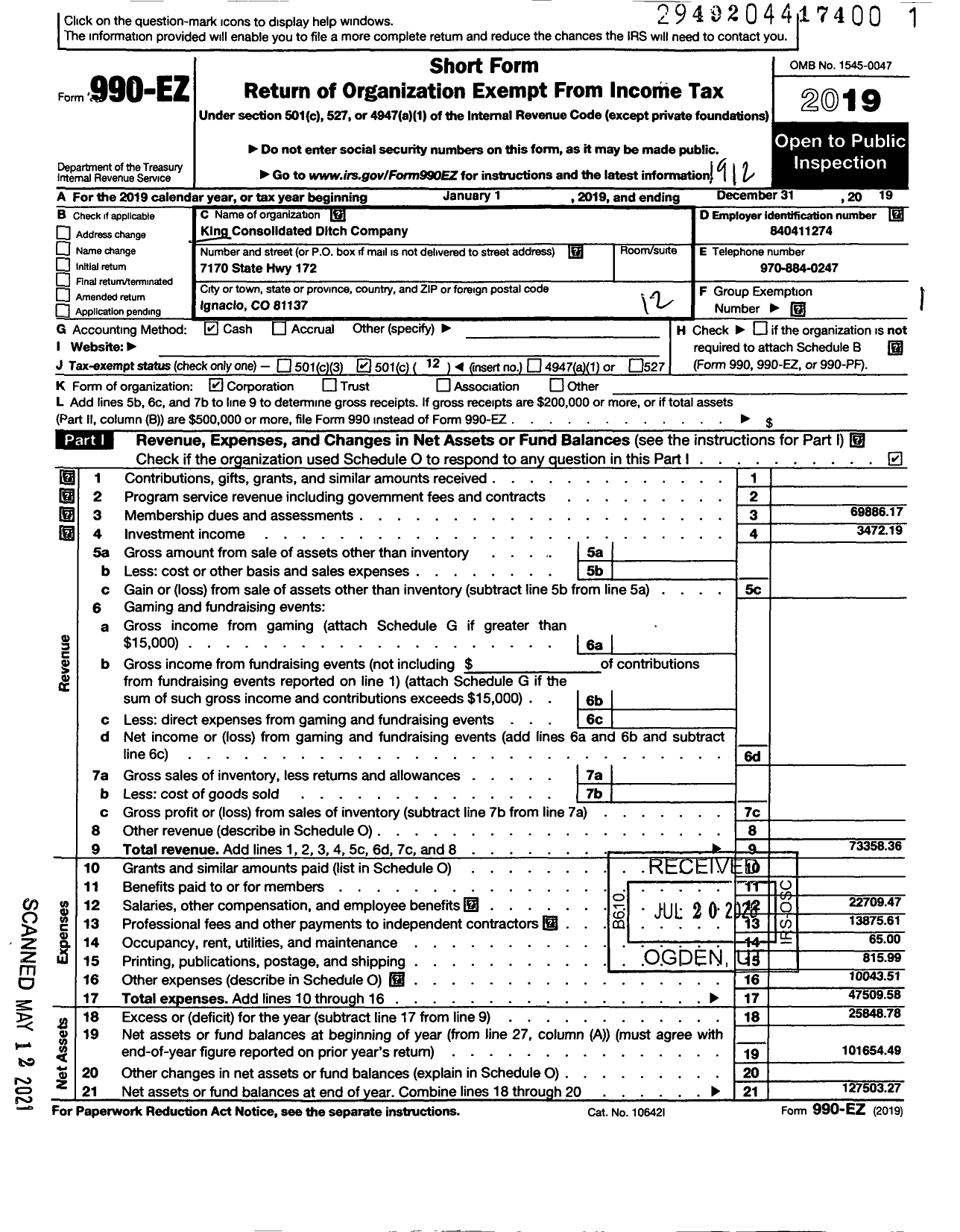 Image of first page of 2019 Form 990EO for King Consolidated Ditch Company