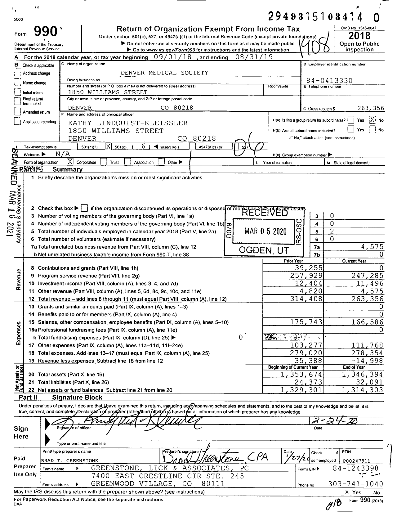 Image of first page of 2018 Form 990O for Denver Medical Society