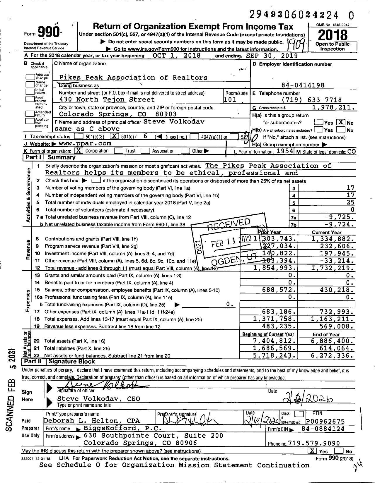 Image of first page of 2018 Form 990O for Pikes Peak Association of Realtors (PPAR)