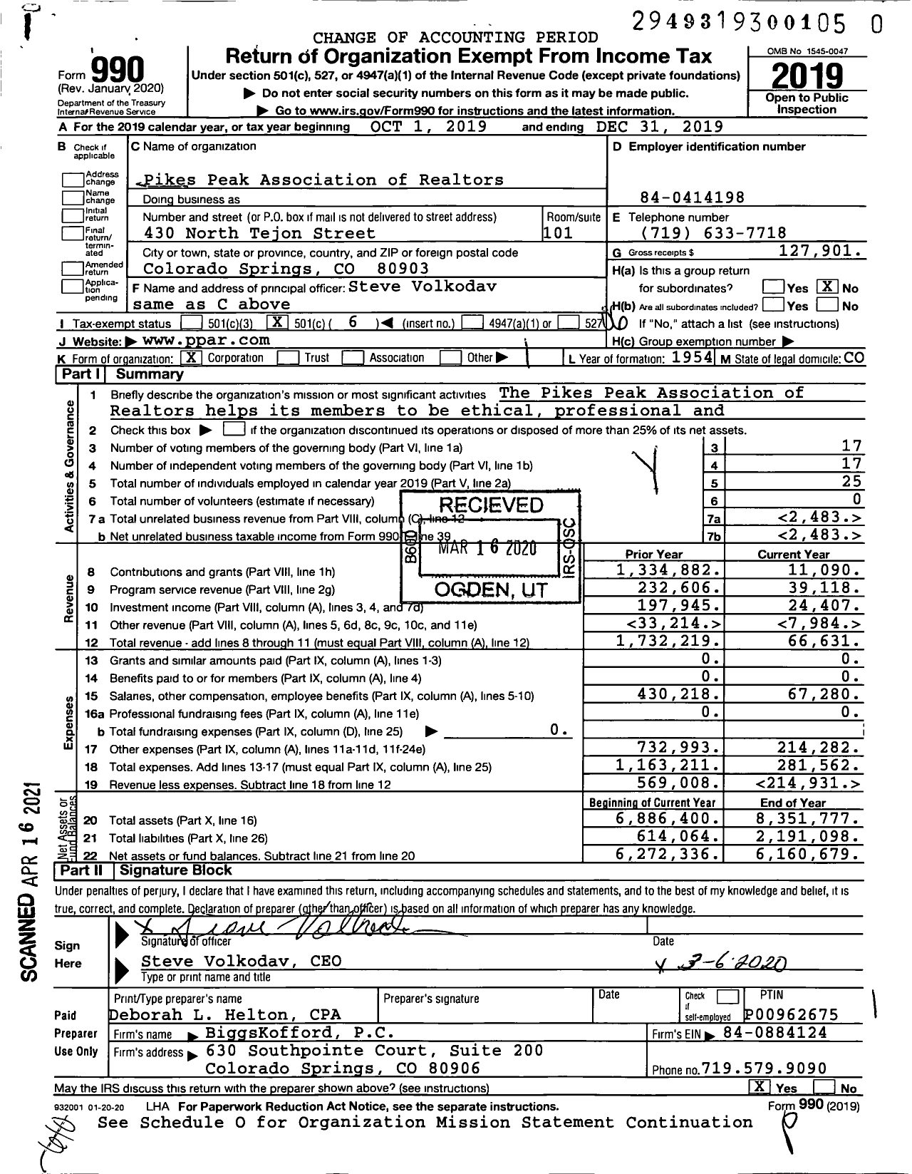 Image of first page of 2019 Form 990O for Pikes Peak Association of Realtors (PPAR)