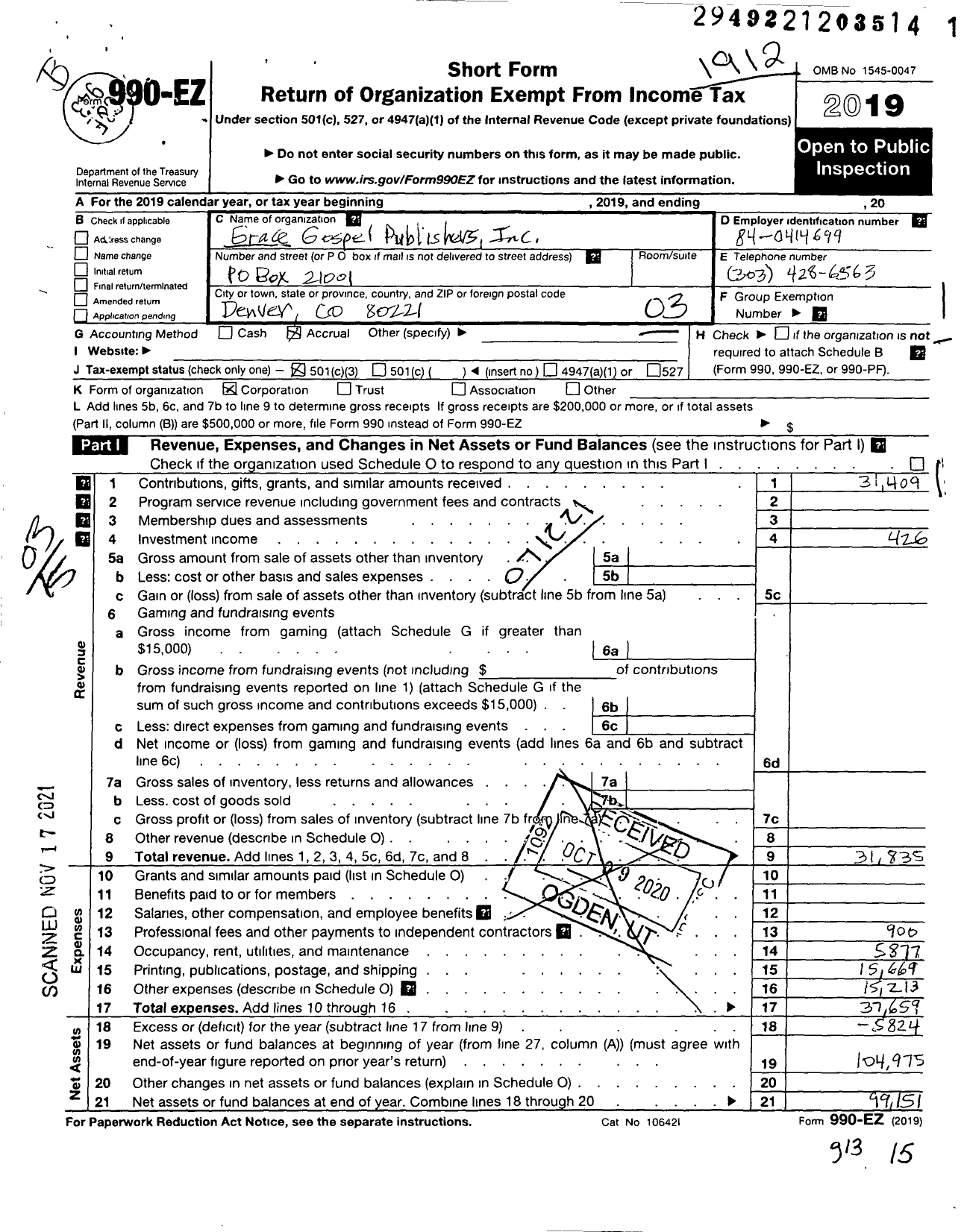 Image of first page of 2019 Form 990EZ for Grace Gospel Publishers