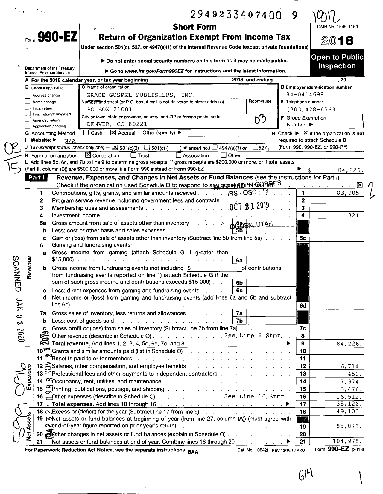 Image of first page of 2018 Form 990EZ for Grace Gospel Publishers