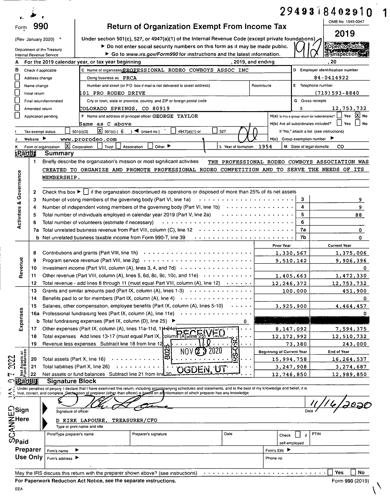 Image of first page of 2019 Form 990O for Professional Rodeo Cowboys Association (PRCA)