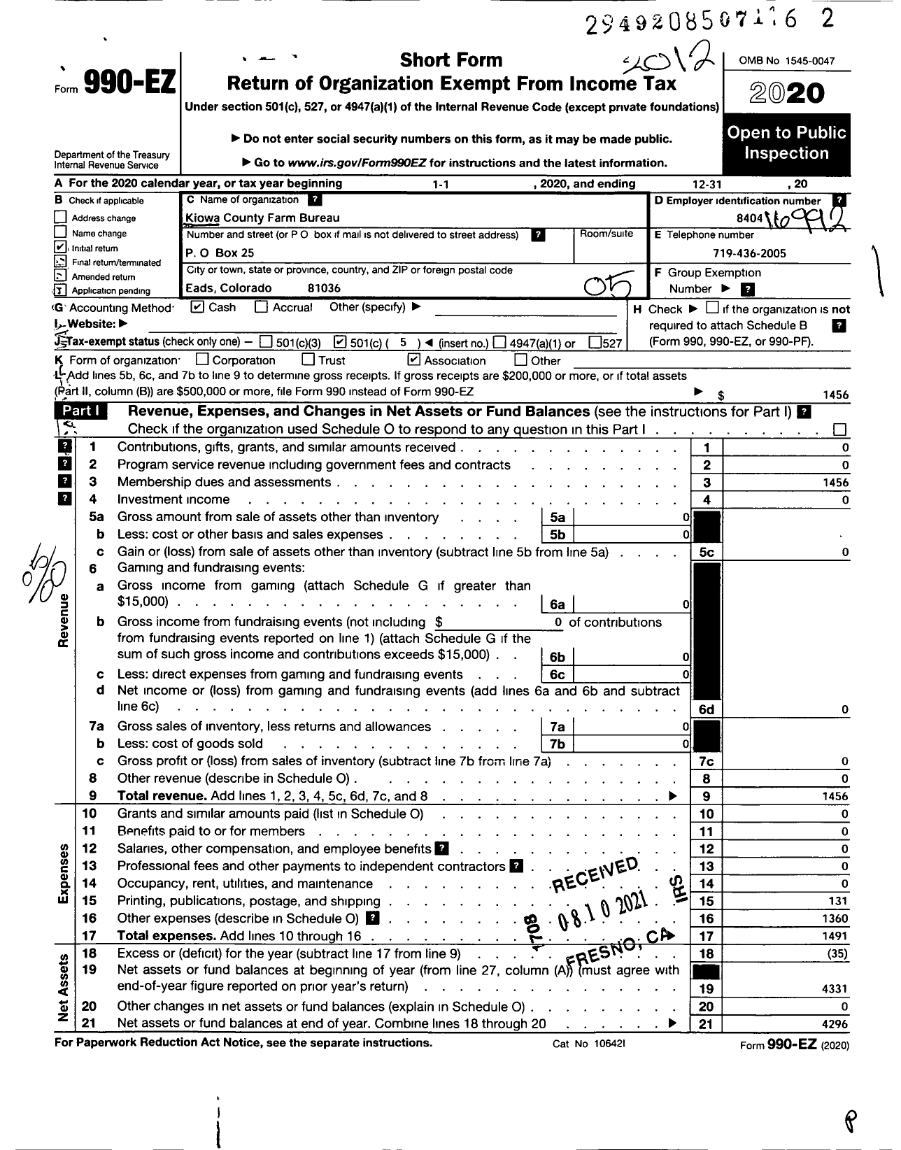 Image of first page of 2020 Form 990EO for Kiowa County Farm Bureau