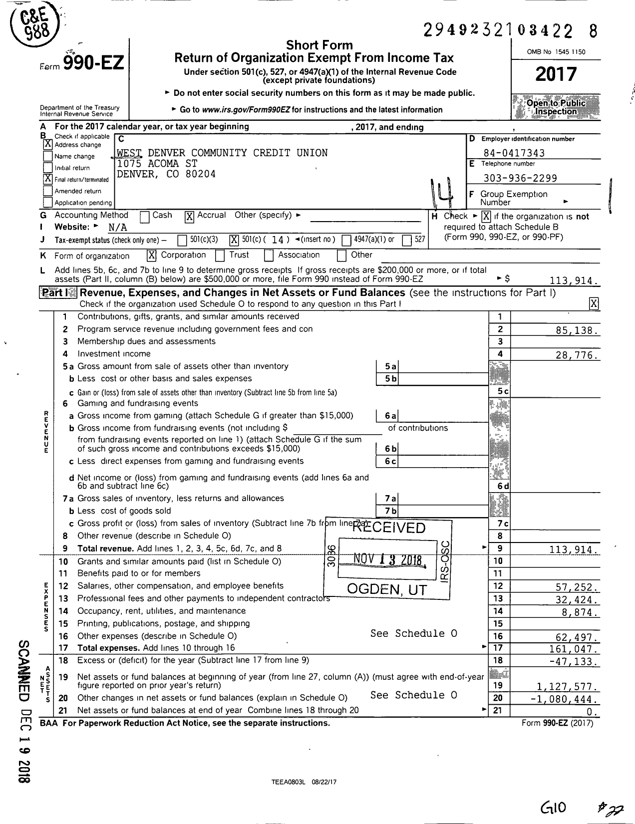 Image of first page of 2017 Form 990EO for West Denver Community Credit Union