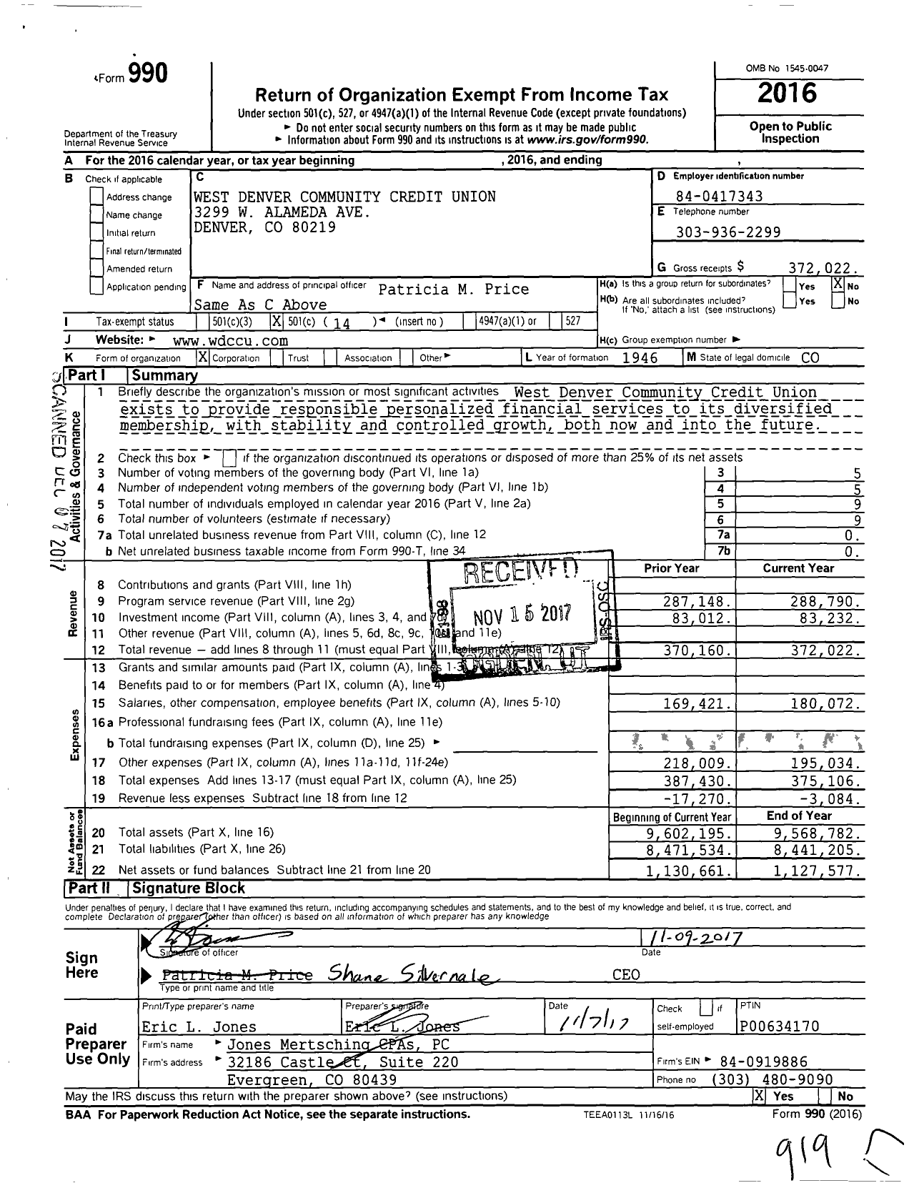 Image of first page of 2016 Form 990O for West Denver Community Credit Union