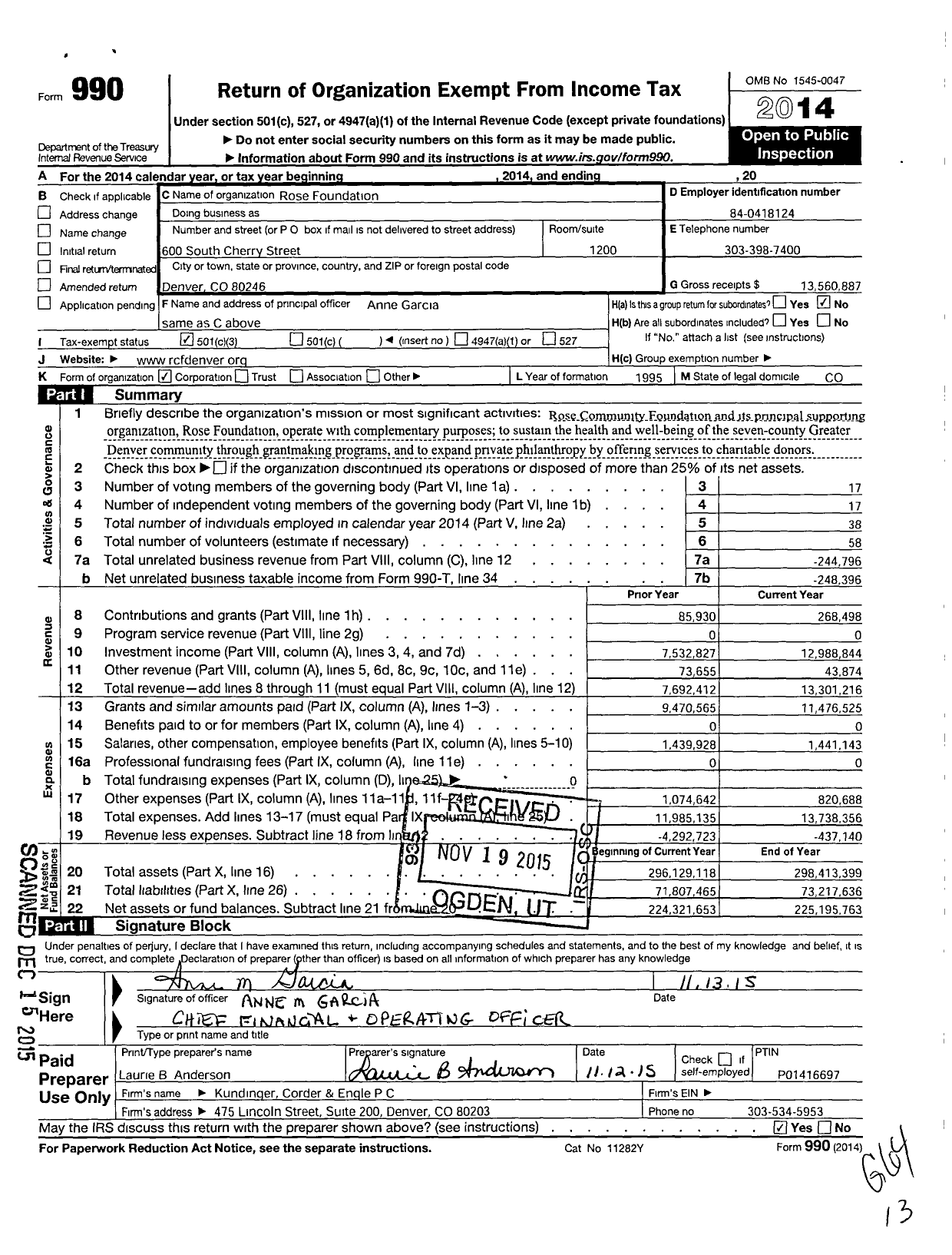Image of first page of 2014 Form 990 for Rose Community Foundation