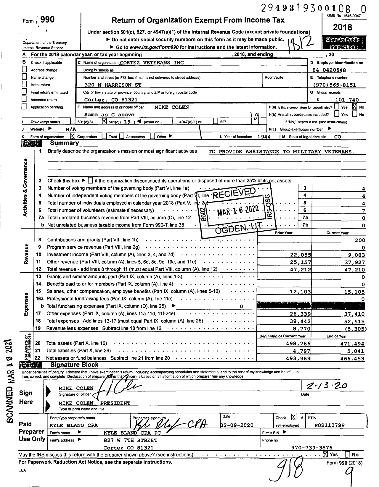 Image of first page of 2018 Form 990O for Cortez Veterans