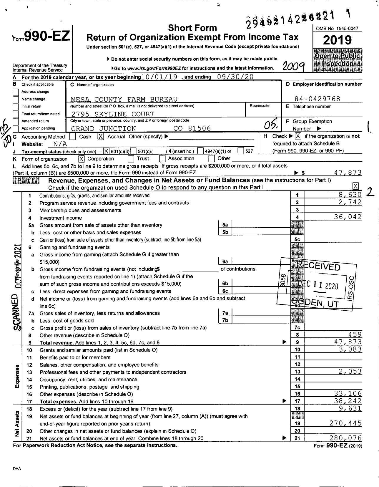 Image of first page of 2019 Form 990EO for Mesa County Farm Bureau