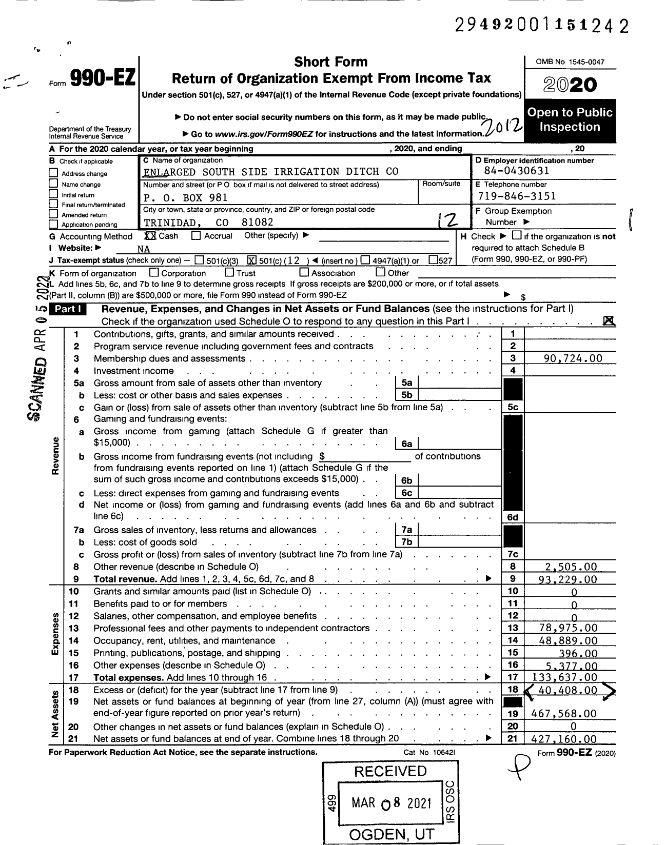 Image of first page of 2020 Form 990EO for Enlarged South Side Irrigation Ditch C0