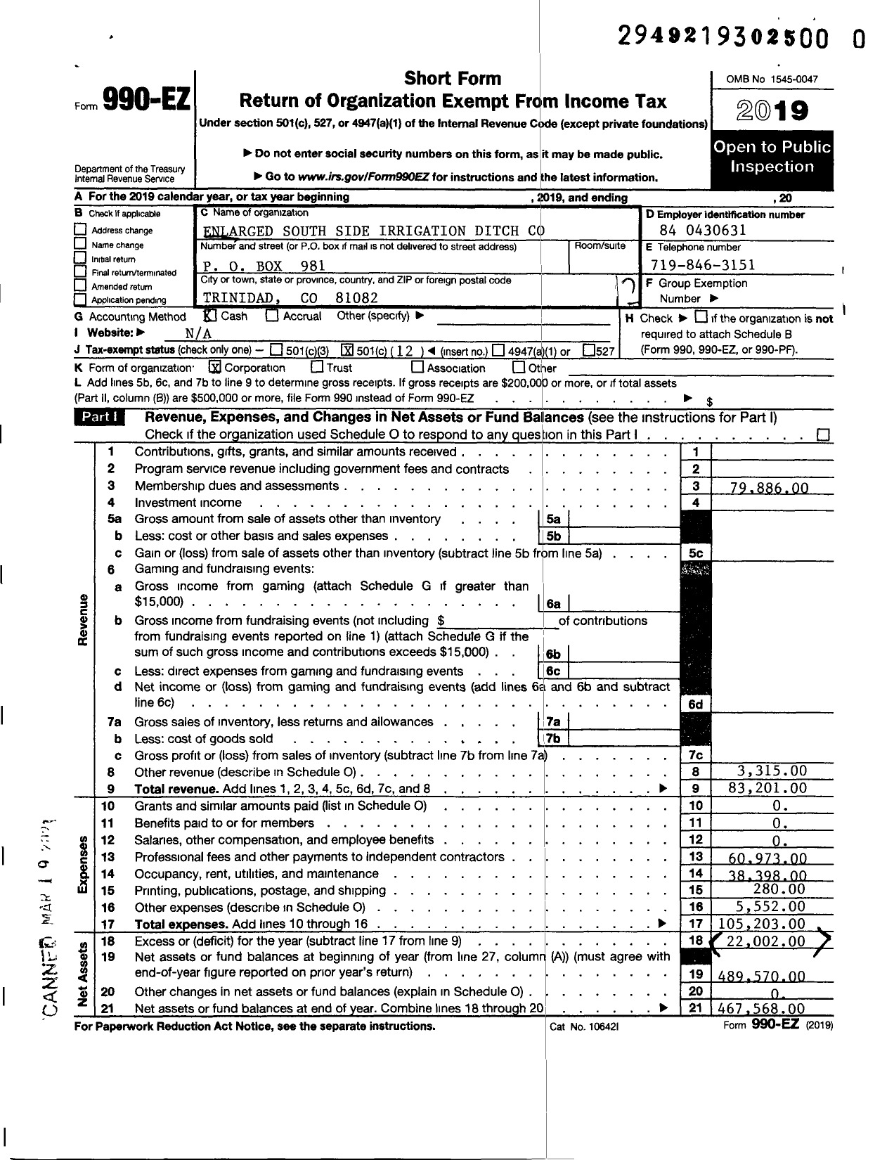 Image of first page of 2019 Form 990EO for Enlarged South Side Irrigation Ditch C0
