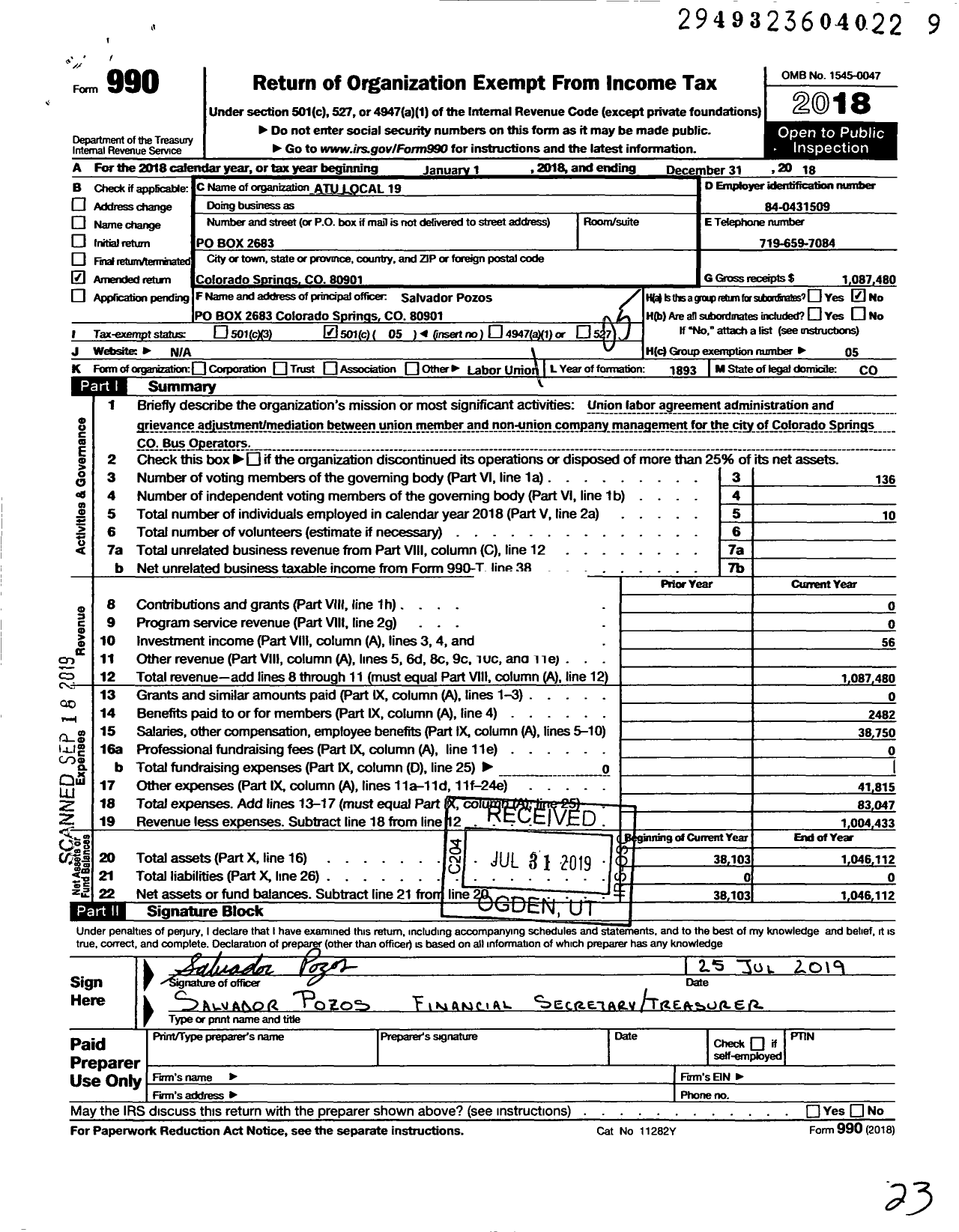 Image of first page of 2018 Form 990O for Amalgamated Transit Union Local 19