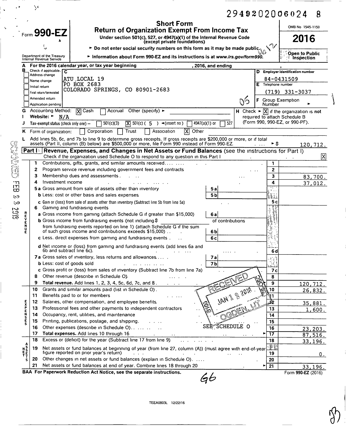 Image of first page of 2016 Form 990EO for Amalgamated Transit Union Local 19