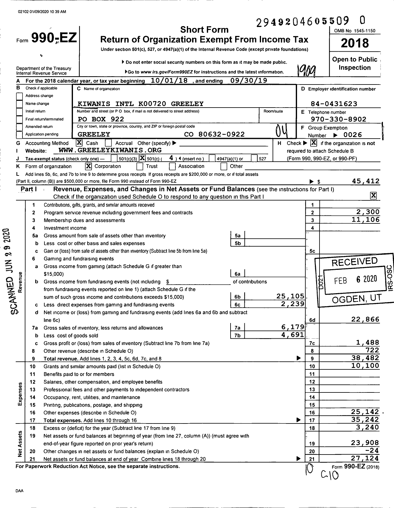 Image of first page of 2018 Form 990EO for Kiwanis International - Kiwanis Club of Greeley