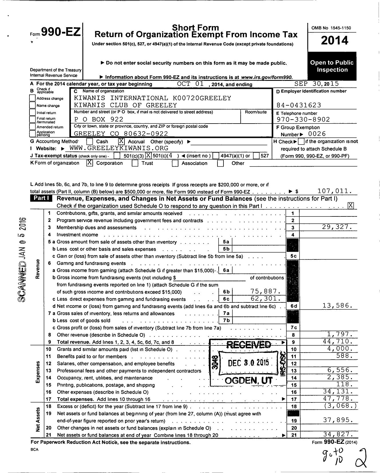 Image of first page of 2014 Form 990EO for Kiwanis International - Kiwanis Club of Greeley