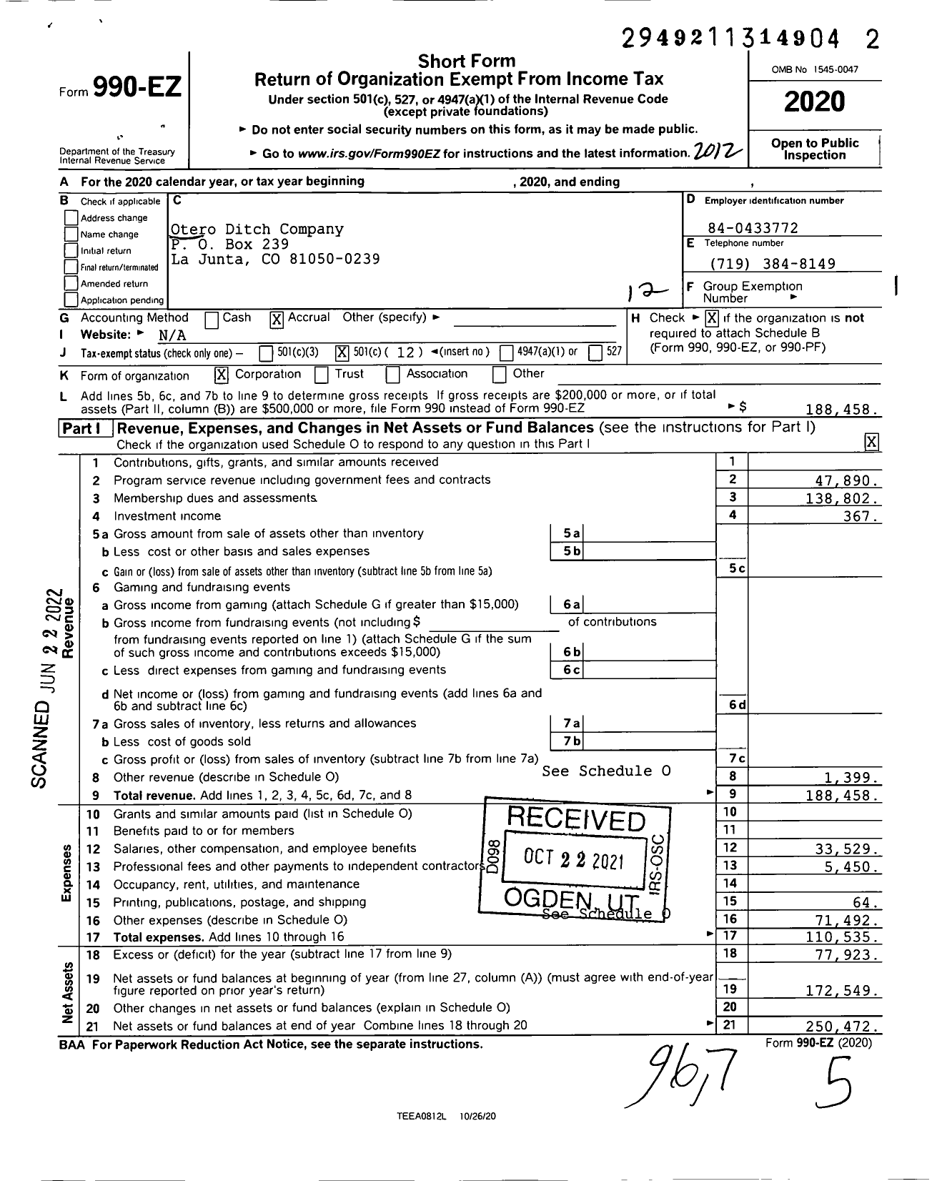 Image of first page of 2020 Form 990EO for Otero Ditch Company