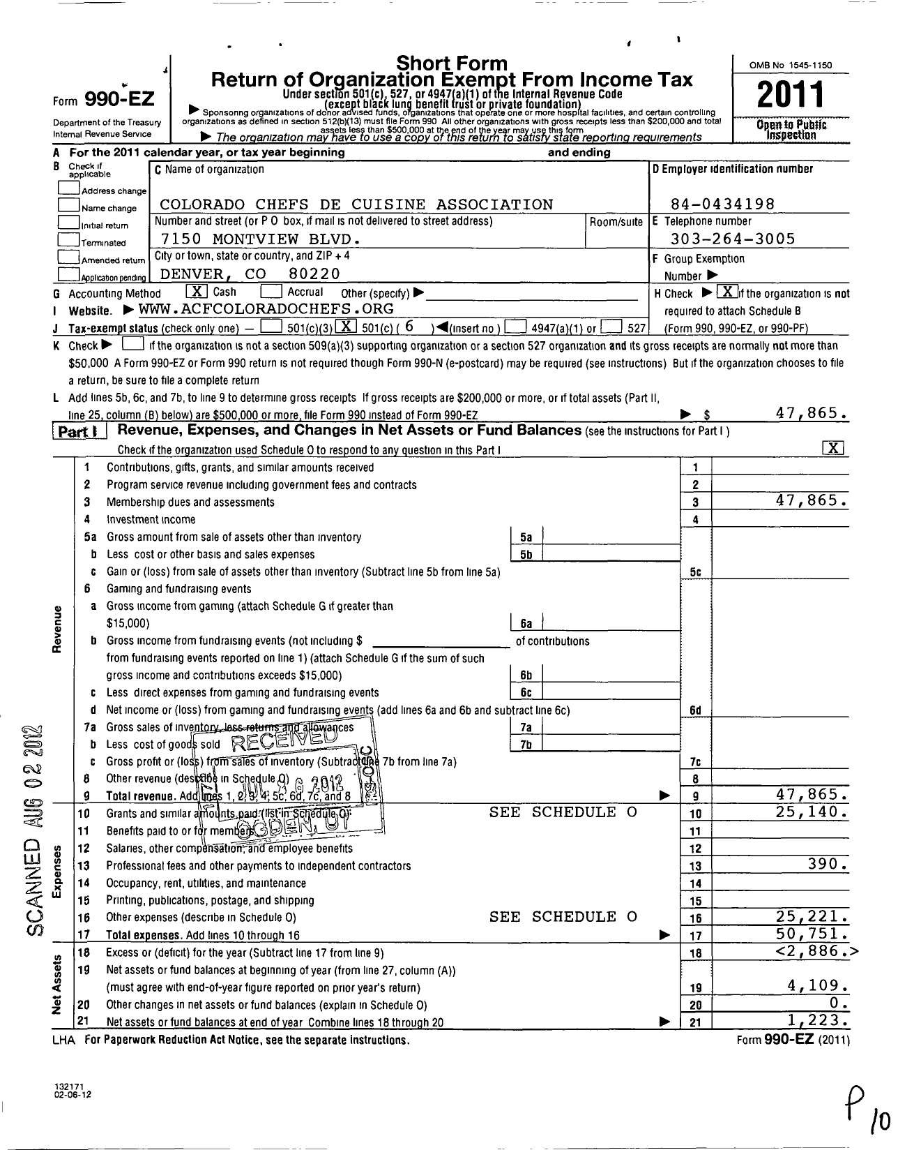 Image of first page of 2011 Form 990EO for Colorado Chefs Association