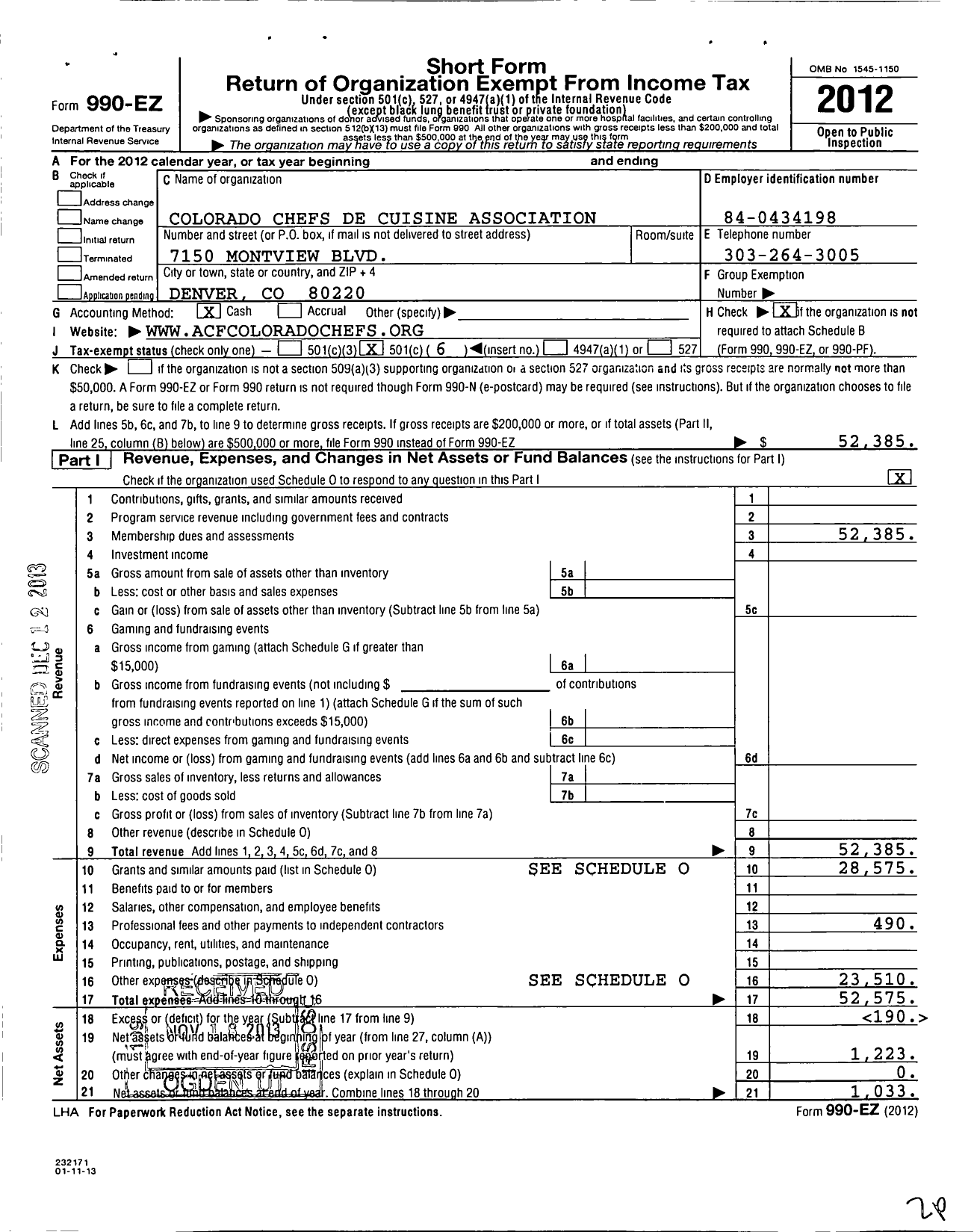 Image of first page of 2012 Form 990EO for Colorado Chefs Association