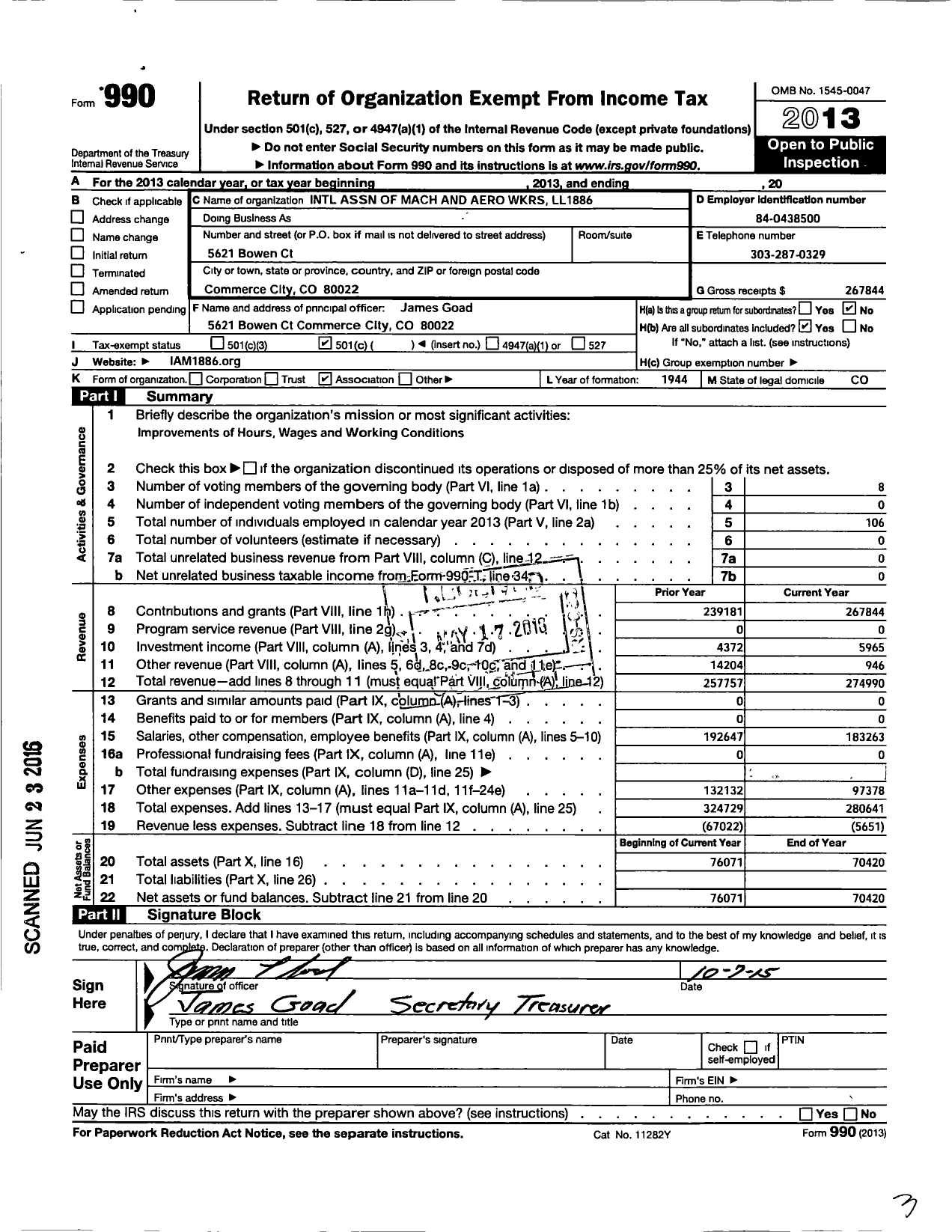 Image of first page of 2013 Form 990O for Iamaw LL1886