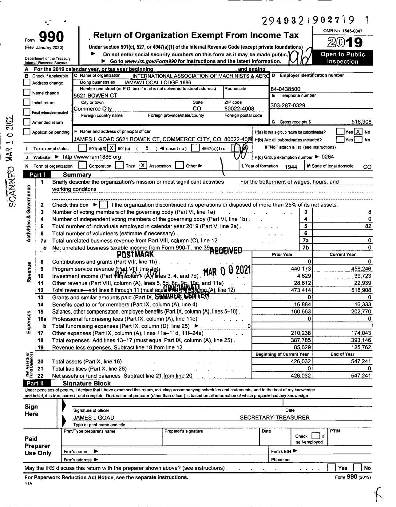 Image of first page of 2019 Form 990O for Iamaw LL1886