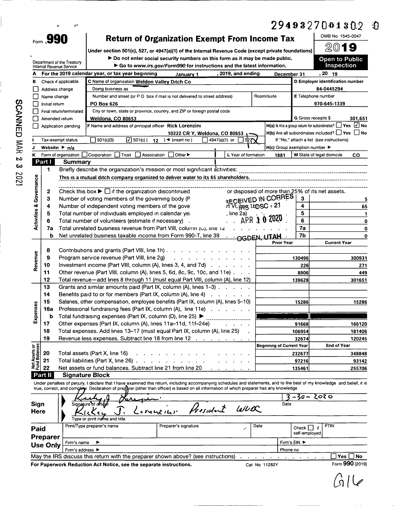 Image of first page of 2019 Form 990O for Weldon Valley Ditch