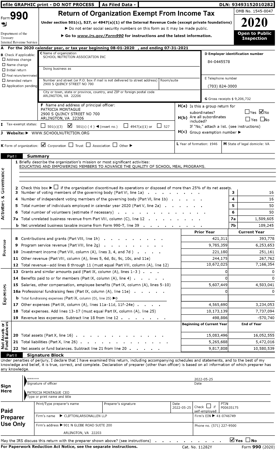 Image of first page of 2020 Form 990O for School Nutrition Association (SNA)