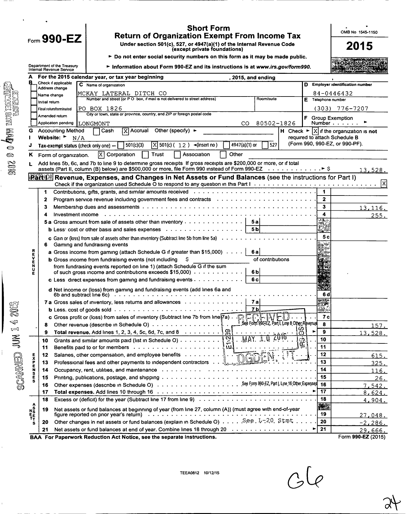 Image of first page of 2015 Form 990EO for Mckay Lateral Ditch Company