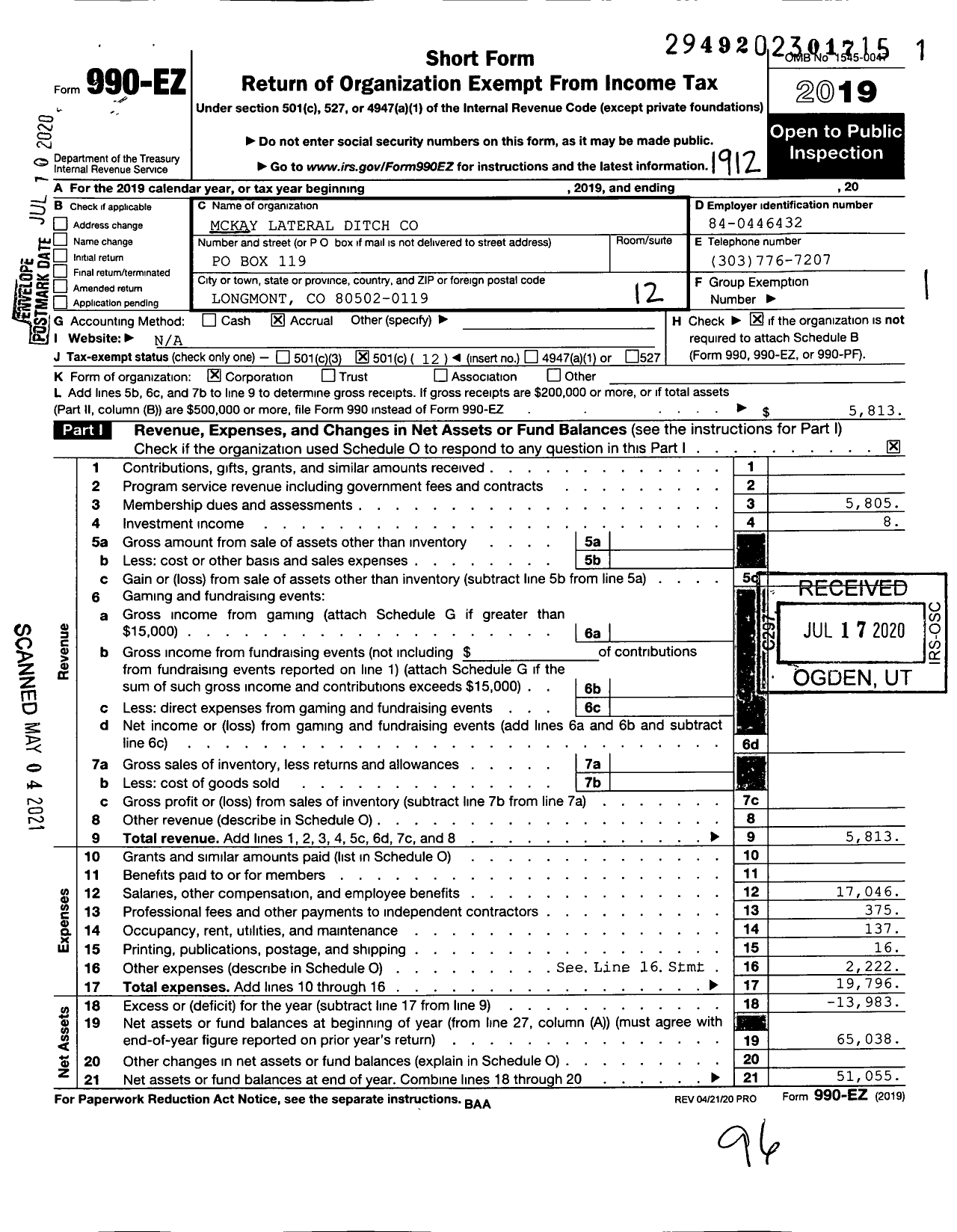 Image of first page of 2019 Form 990EO for Mckay Lateral Ditch Company