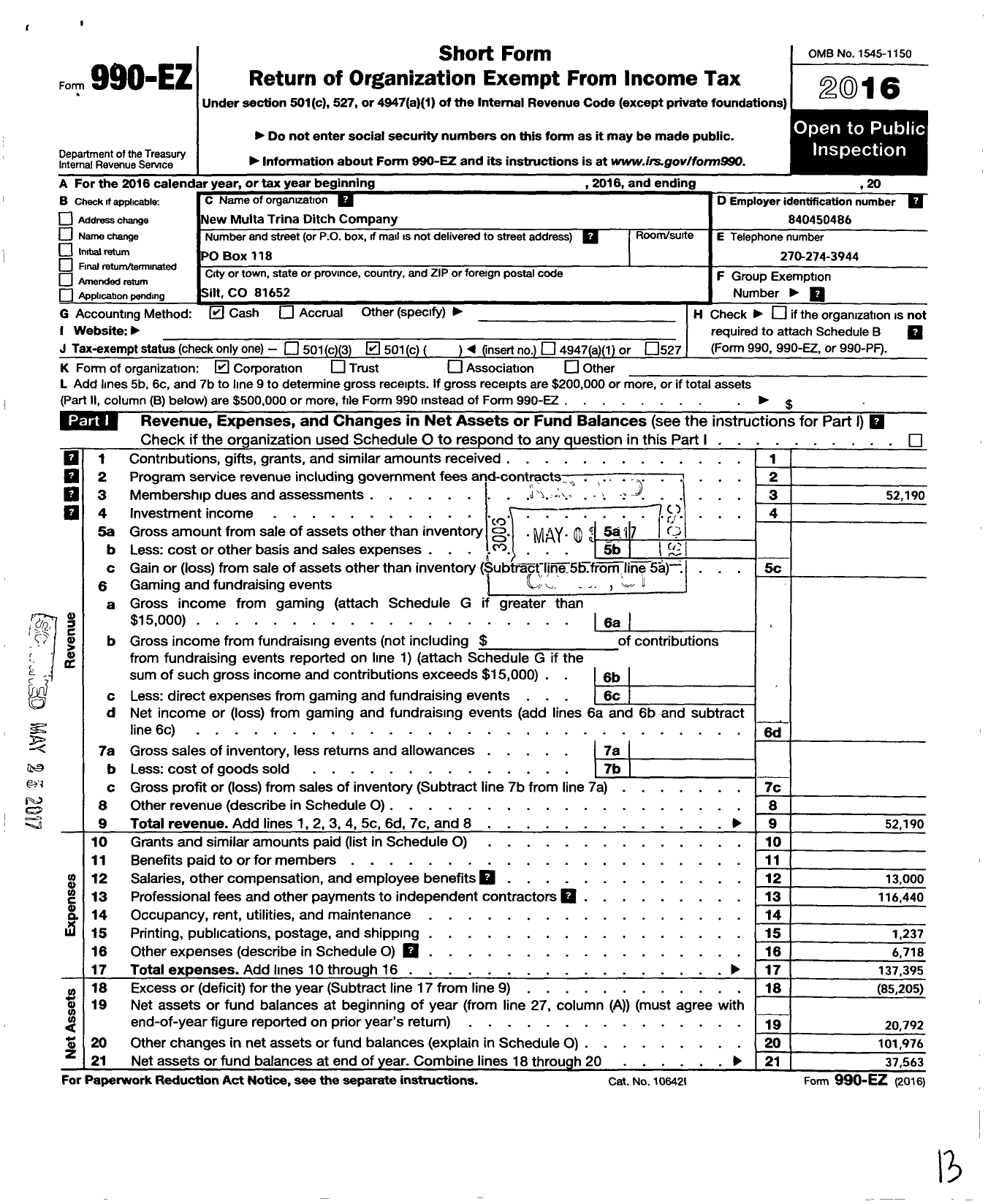 Image of first page of 2016 Form 990EO for New Multa Trina Ditch