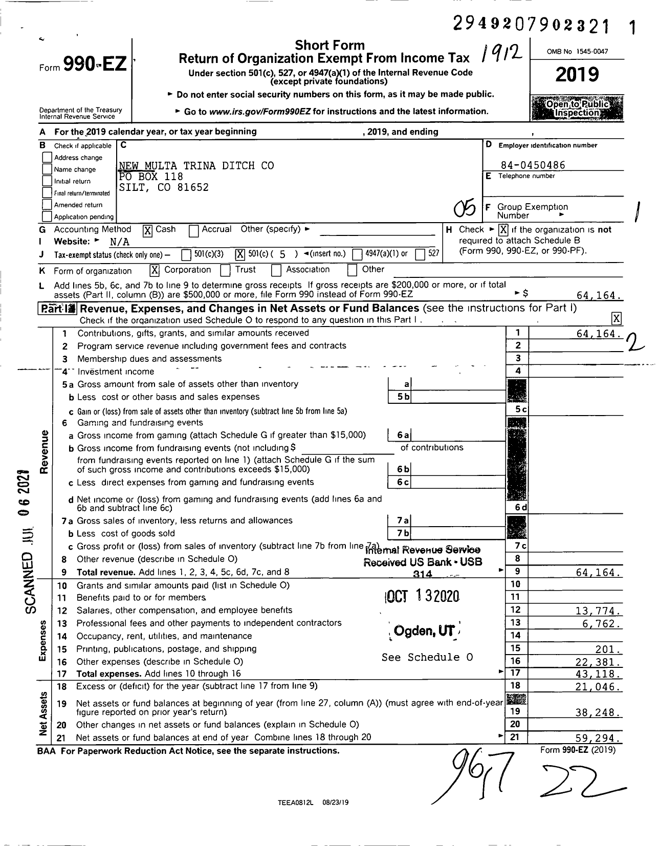 Image of first page of 2019 Form 990EO for New Multa Trina Ditch