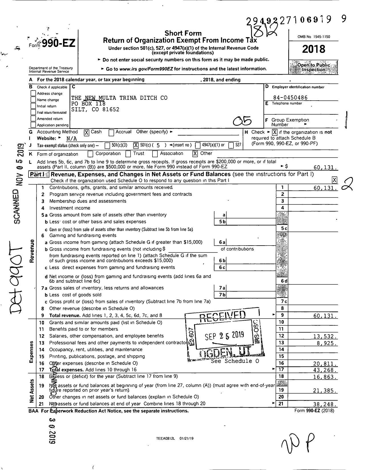 Image of first page of 2018 Form 990EO for New Multa Trina Ditch