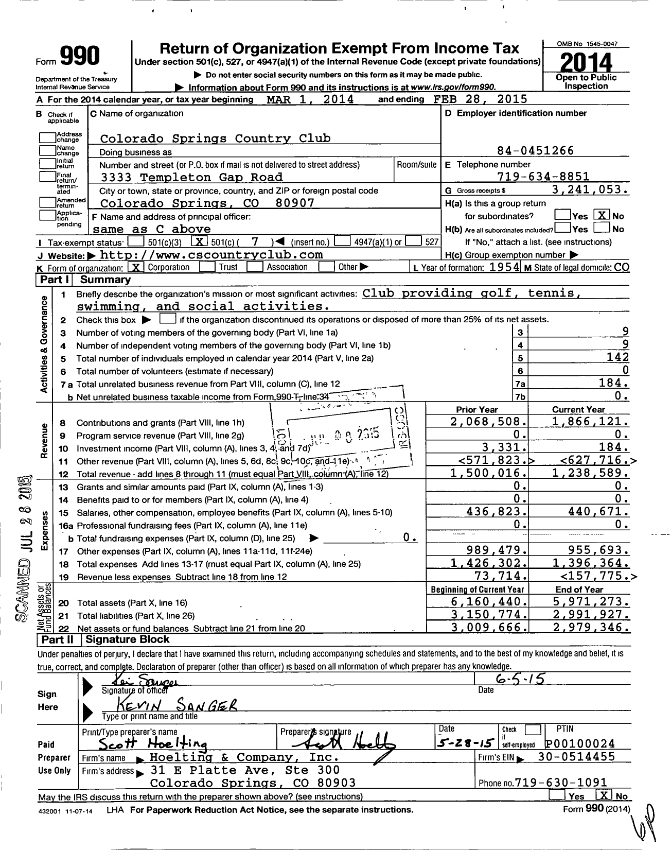 Image of first page of 2014 Form 990O for Colorado Springs Country Club