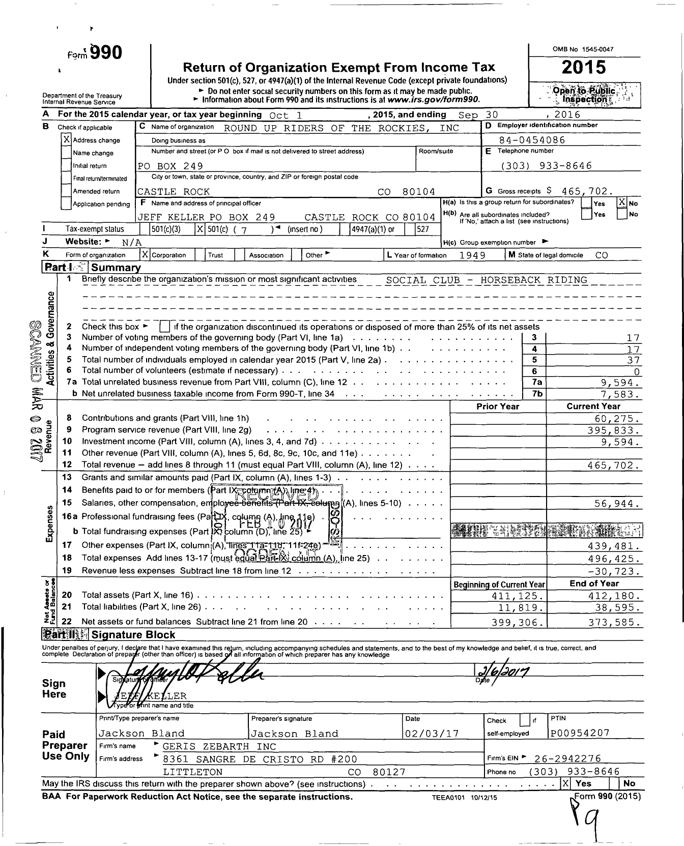 Image of first page of 2015 Form 990O for Roundup Riders of the Rockies
