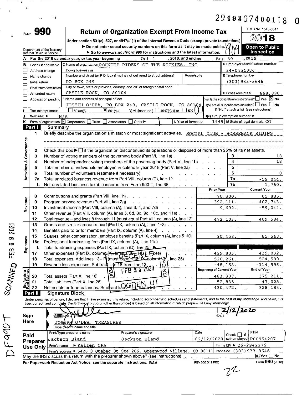 Image of first page of 2018 Form 990O for Roundup Riders of the Rockies