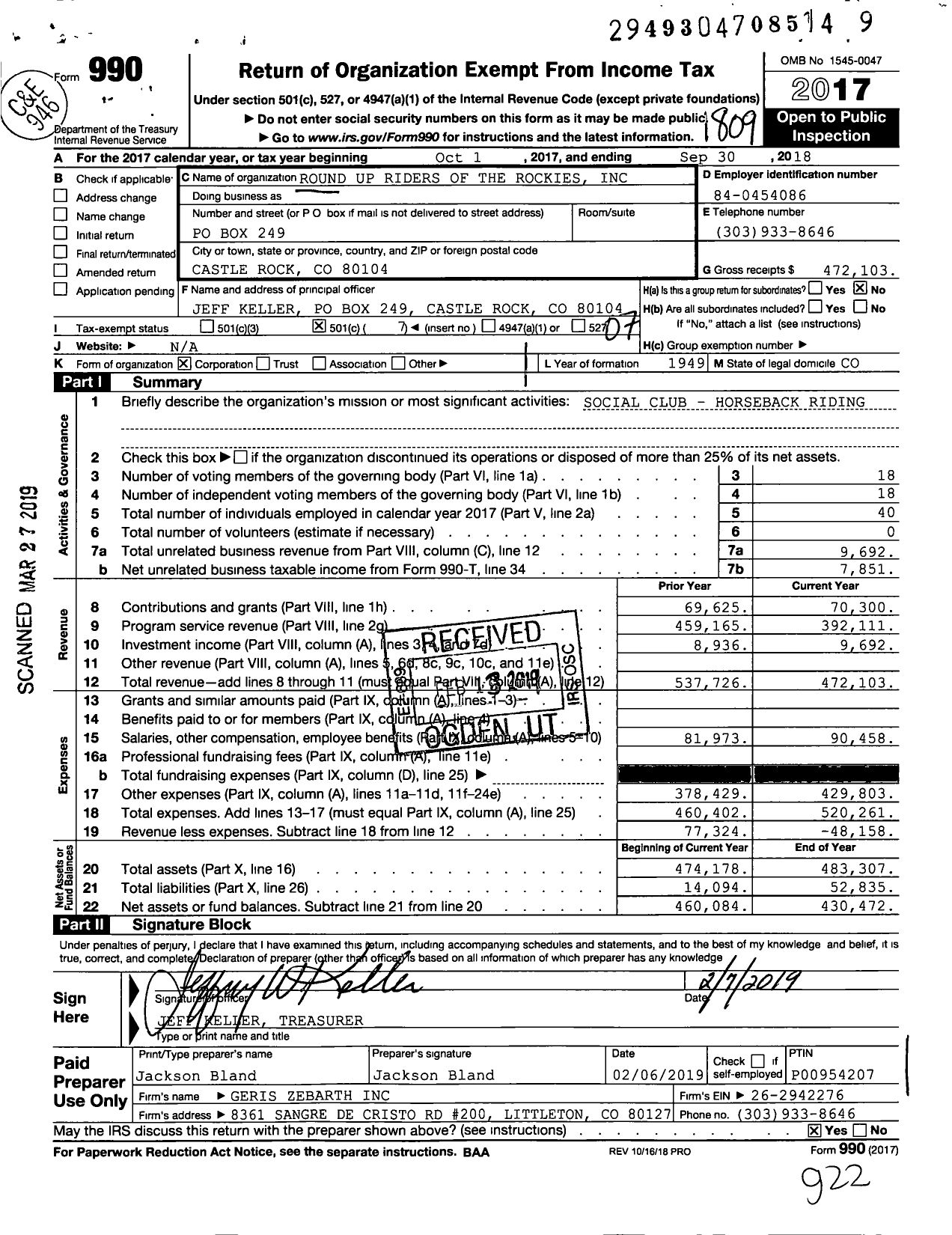 Image of first page of 2017 Form 990O for Roundup Riders of the Rockies