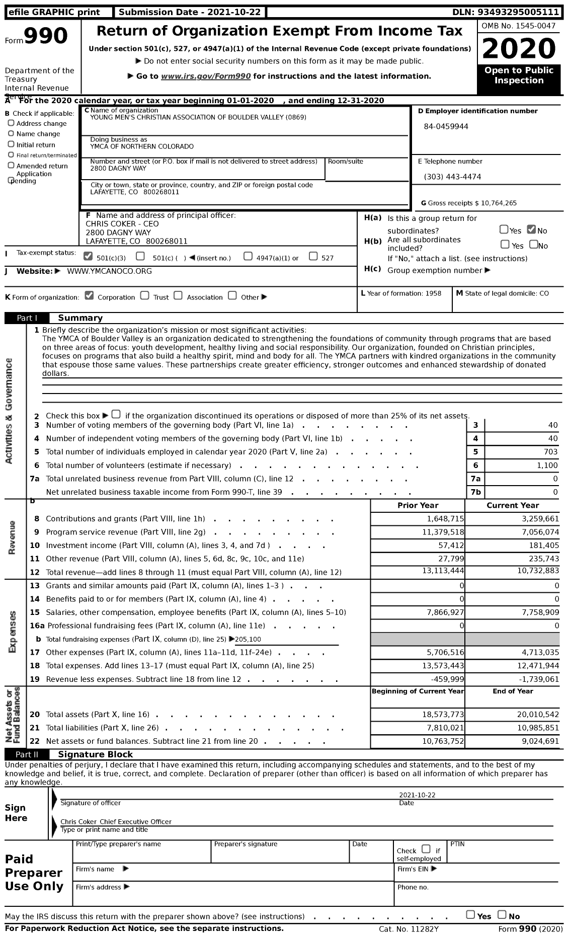 Image of first page of 2020 Form 990 for YMCA of Northern COLORADO