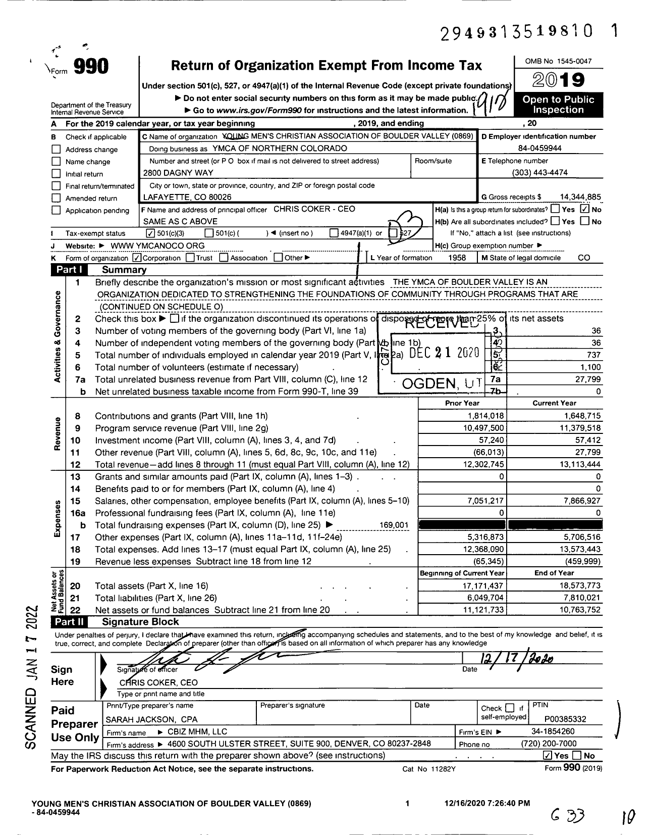 Image of first page of 2019 Form 990 for Ymca of Northern Colorado