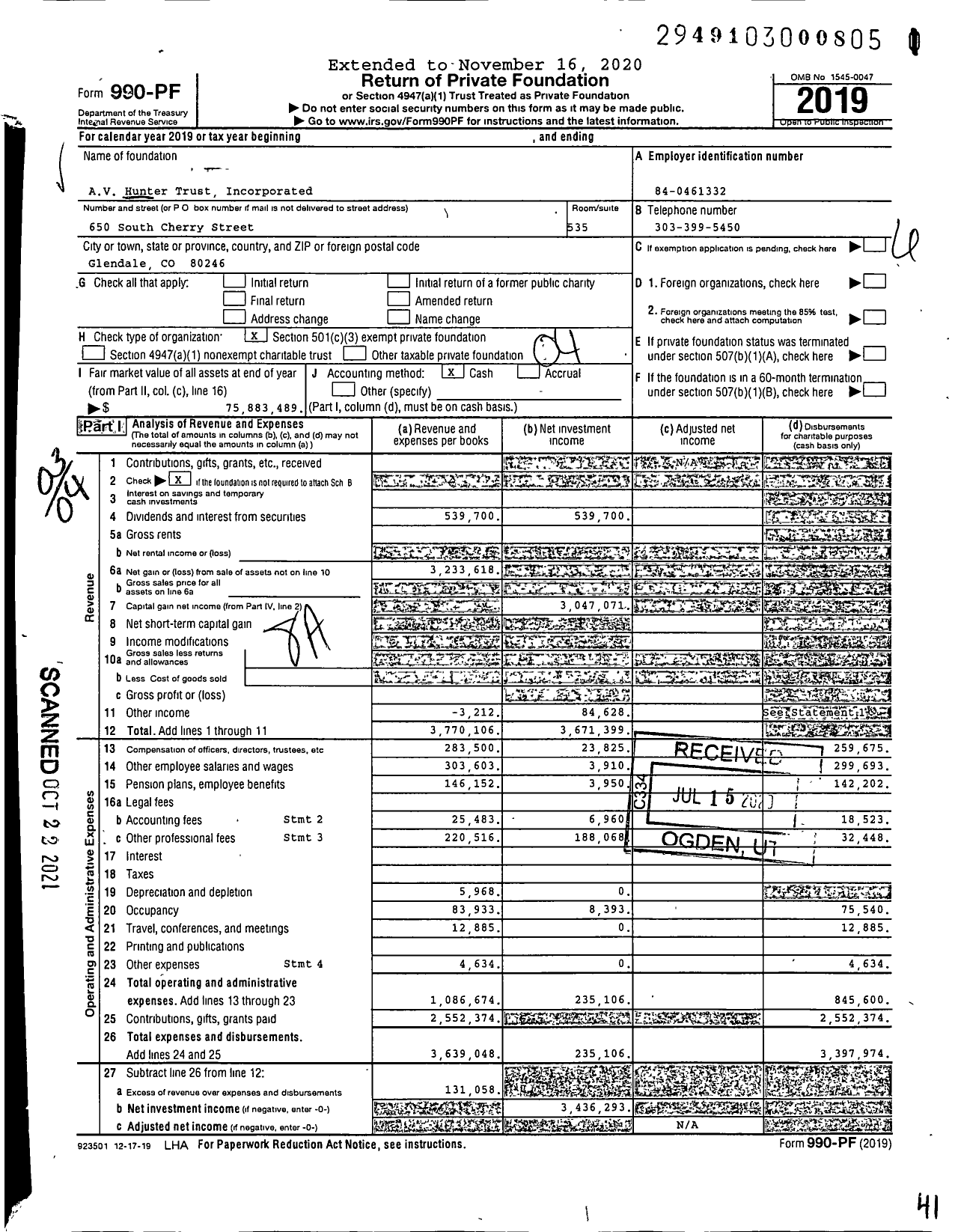 Image of first page of 2019 Form 990PF for AV Hunter Trust Incorporated