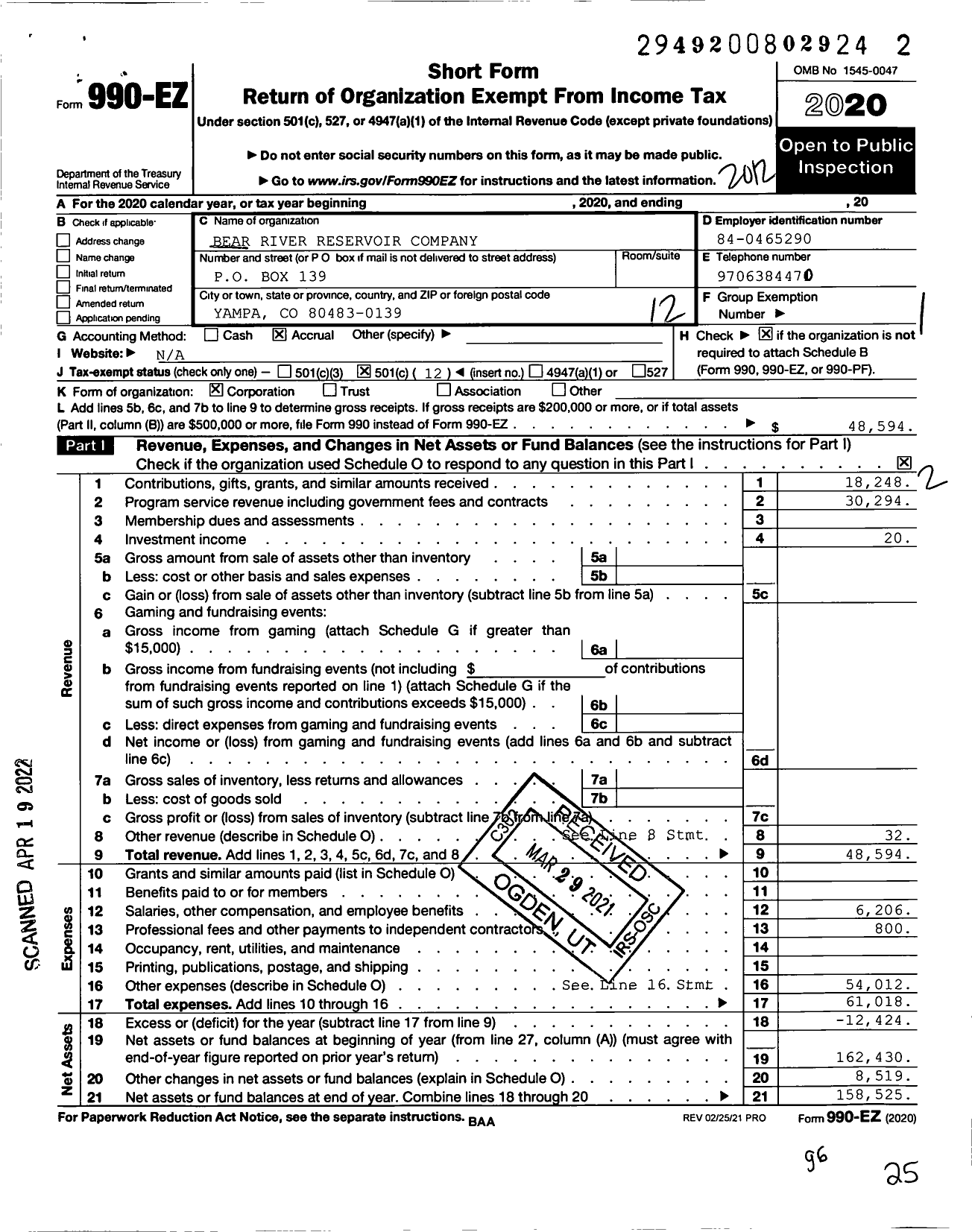 Image of first page of 2020 Form 990EO for Bear River Reservoir Company