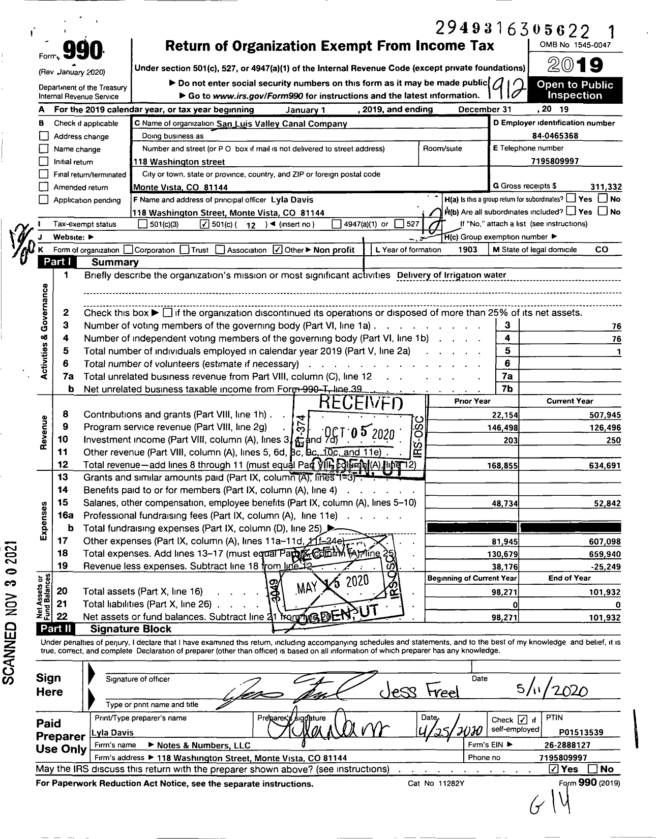 Image of first page of 2019 Form 990O for San Luis Valley Canal Company