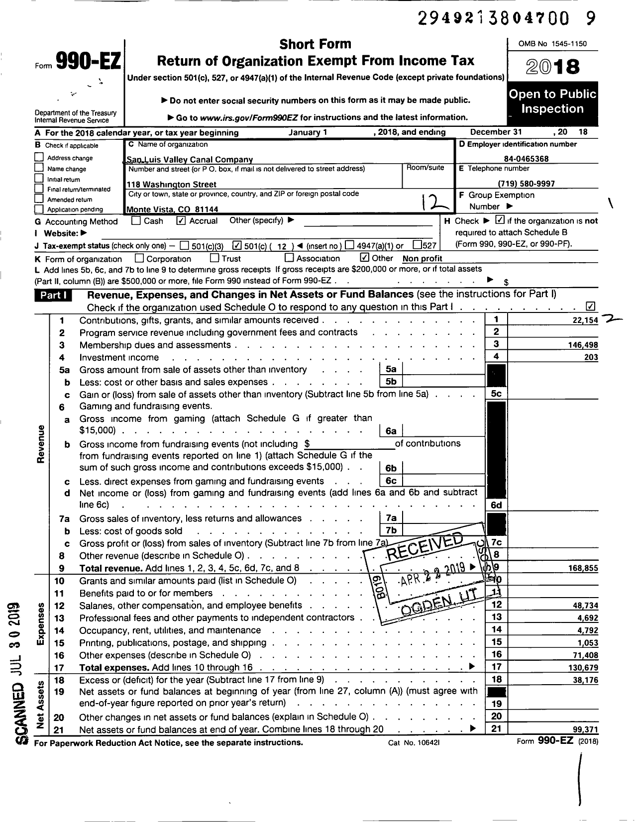 Image of first page of 2018 Form 990EO for San Luis Valley Canal Company