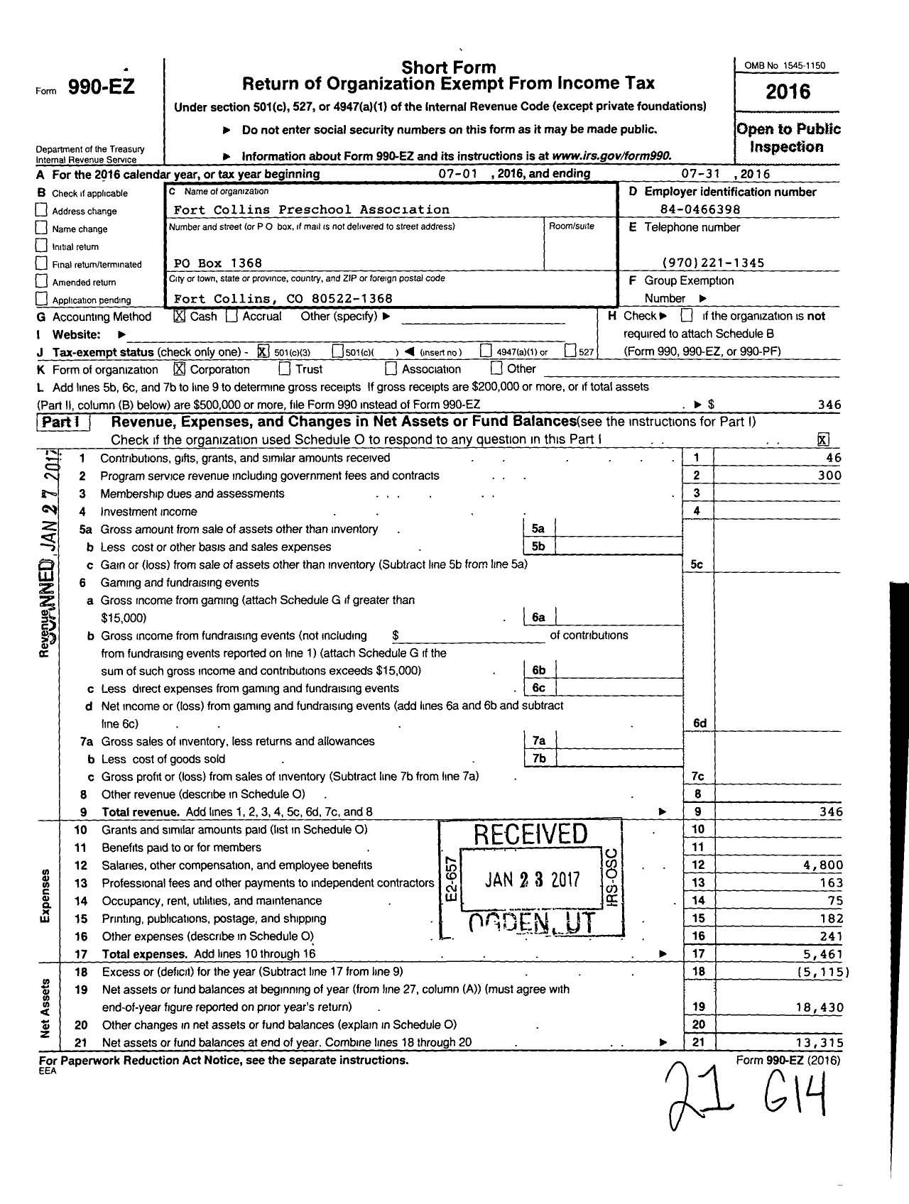 Image of first page of 2015 Form 990EZ for Fort Collins Preschool