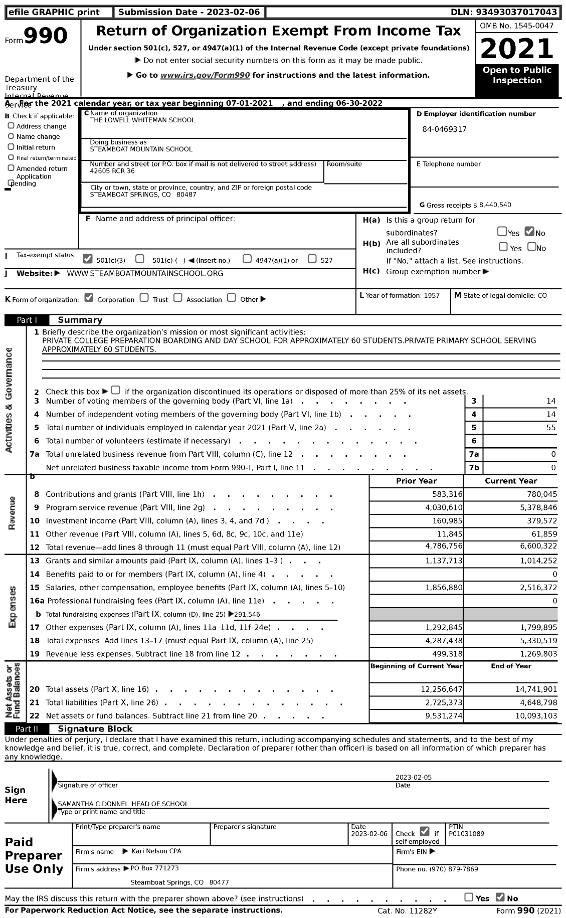 Image of first page of 2021 Form 990 for Steamboat Mountain School