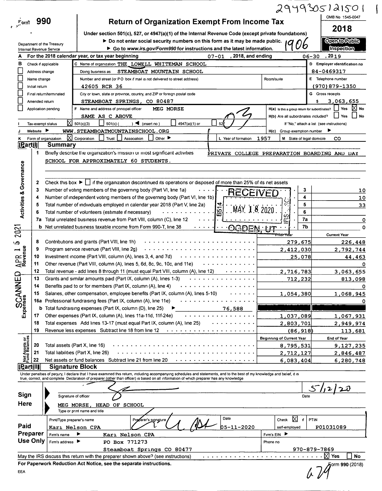 Image of first page of 2018 Form 990 for Steamboat Mountain School