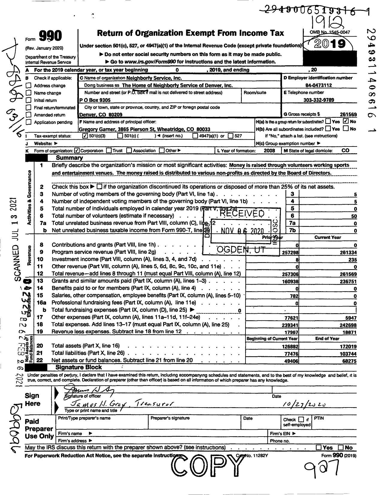 Image of first page of 2019 Form 990 for Home Neighborly Service of Denver