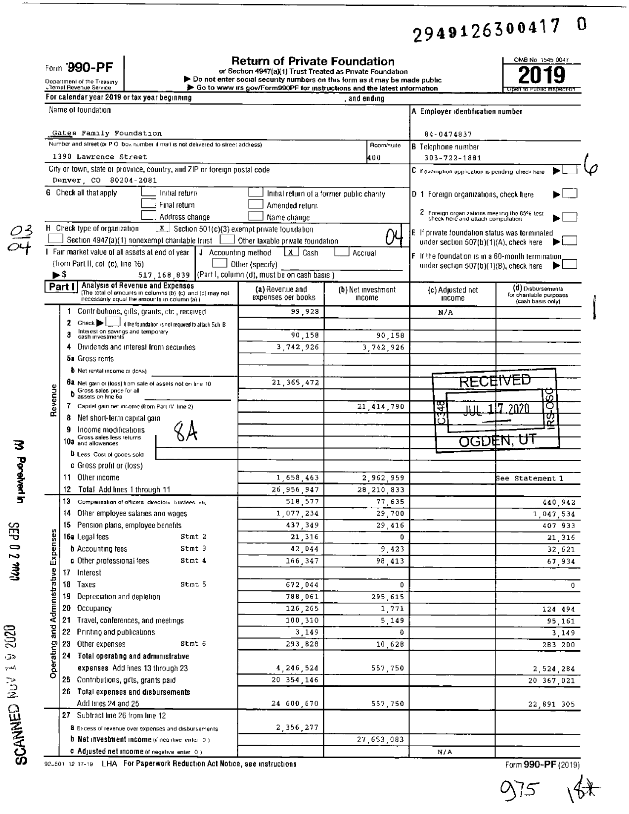 Image of first page of 2019 Form 990PF for Gates Family Foundation (GFF)