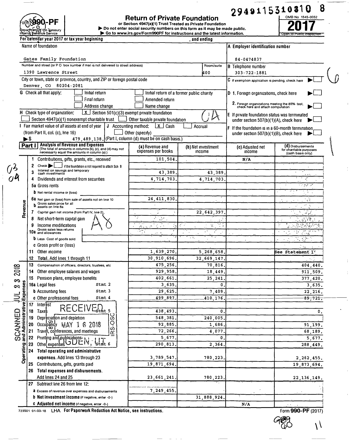 Image of first page of 2017 Form 990PF for Gates Family Foundation (GFF)